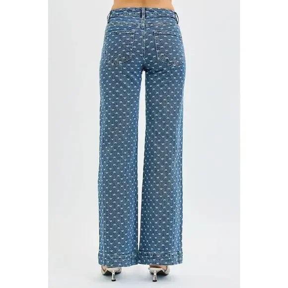 RISEN High Rise Bow Embroidered Details Zip Fly Dark Wash Wide Leg Denim Jeans